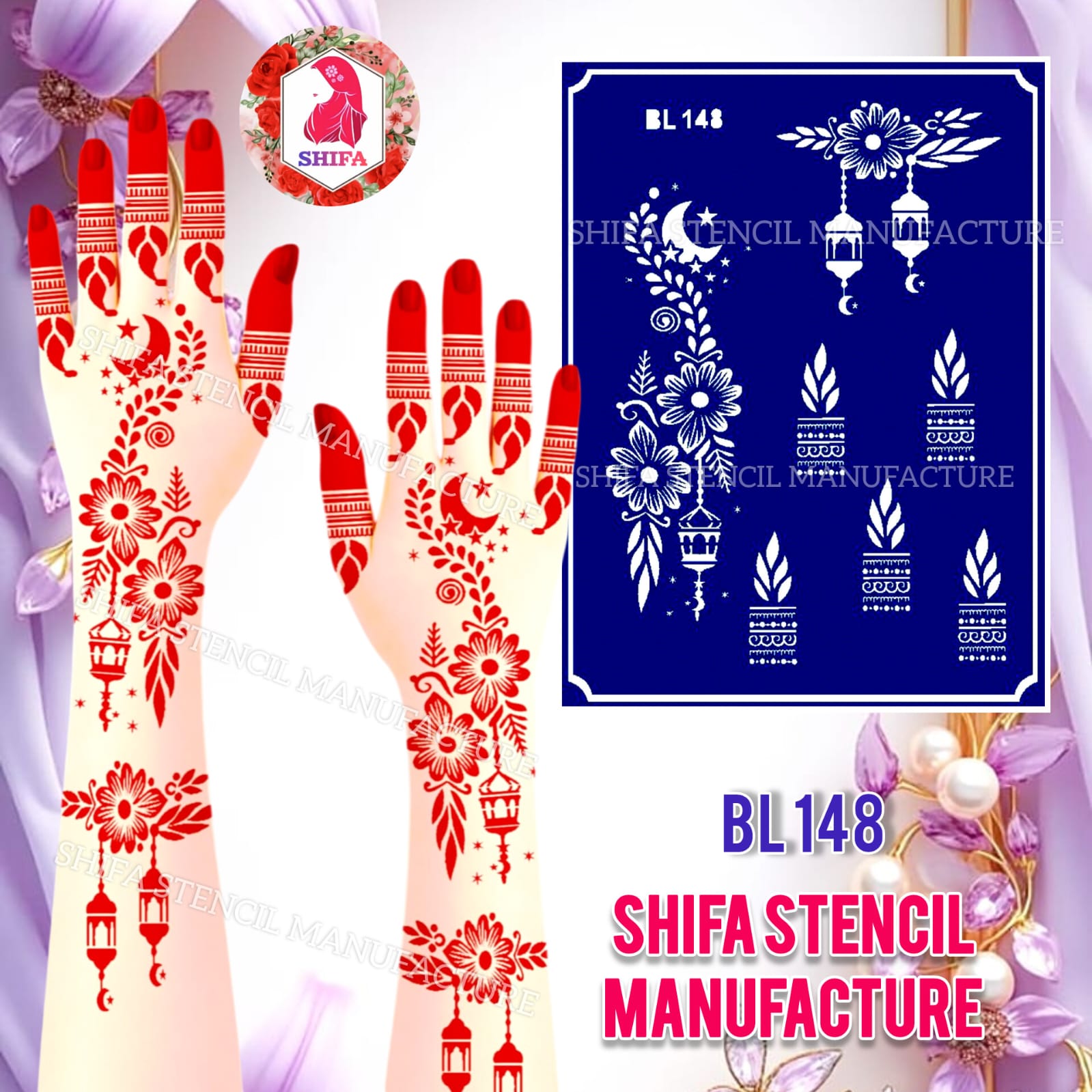 BL148 Moonlit Lantern Blossom Trail Double Hand Henna Stencil - Shifa Stencil